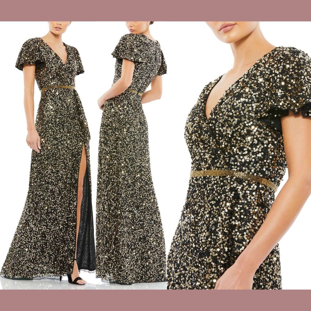 NWT $498 Mac Duggal [ 6‎ ] Sequined Wrap Over Butterfly Sleeve Gown Black #S1082